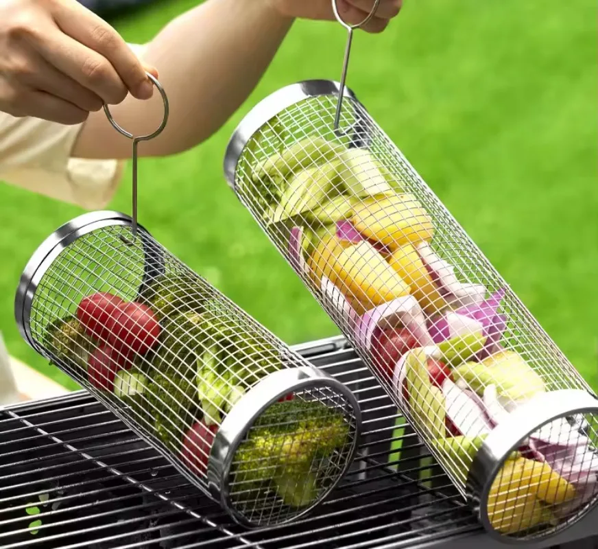 

New Rolling Grilling BBQ Basket Stainless Steel Leakproof Mesh Barbecue Rack Outdoor Picnic Camping Simple Cylindrical BBQ Grill