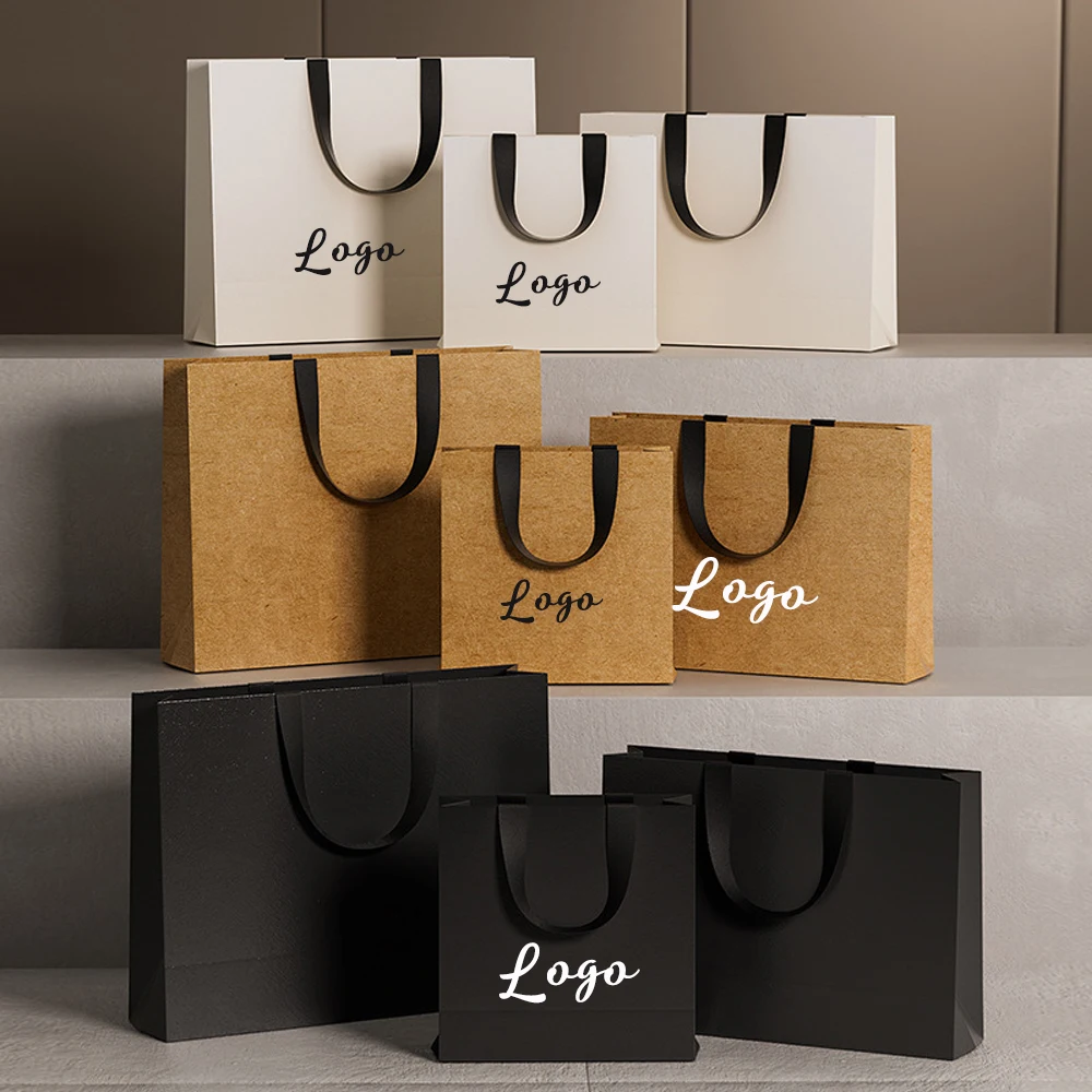 

50pcs Gift Bags with Ribbon Handles Custom Logo Luxury Kraft Paper Tote Bag Shopping Wedding Anniversary Party Mothers Day Favor