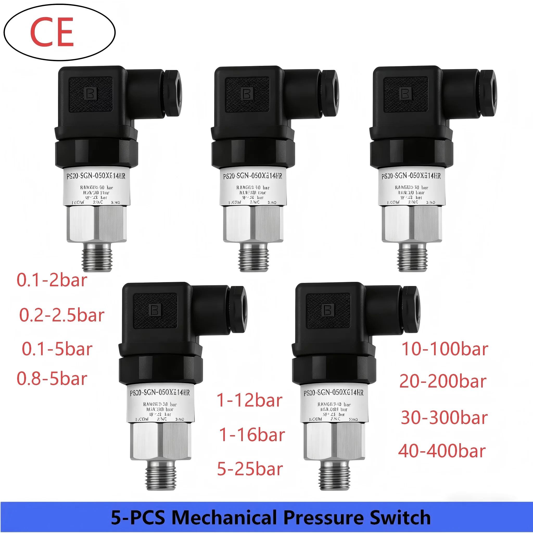 5PCS Mechanical Pressure Switch Factory Sale0-10bar G1/4 Air Water Oil IP65 CE Industrial 5-50bar Pressure controller 0.2-2.5bar