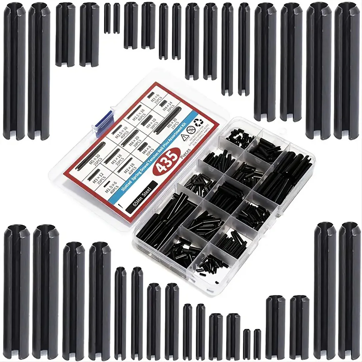 435Pcs Spring Steel Split Pin Set Dowel Tension Roll Hollow Pin Positioning Cotter Pin Assortment Kit M1.5 M2 M2.5 M3 M4 M5 M6