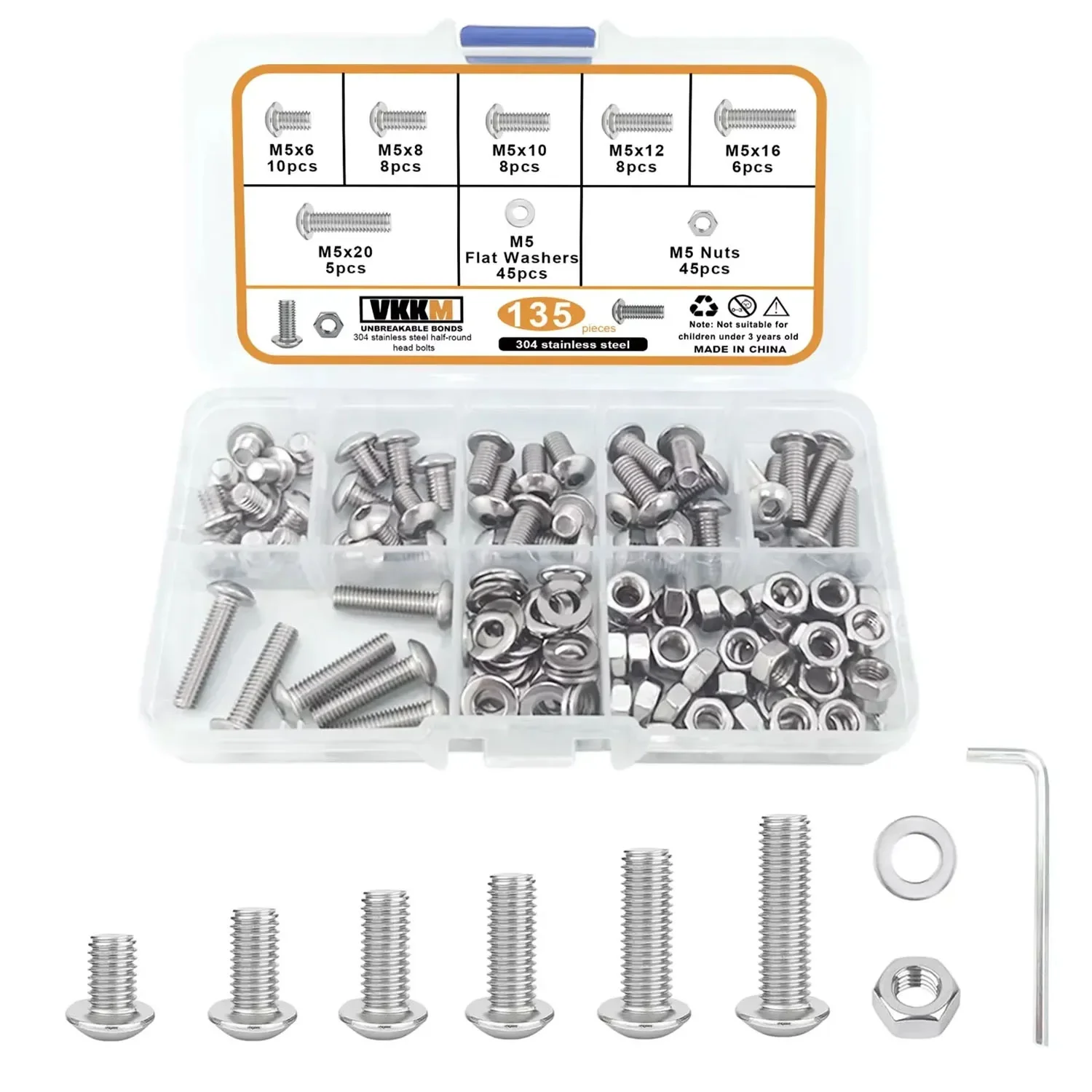 

VKKM M5x6/8/10/12/16/20 мм метрические болты, комбинированный комплект шайбы с гайкой из нержавеющей стали M5, подходит для ежедневного обслуживания 135 шт.