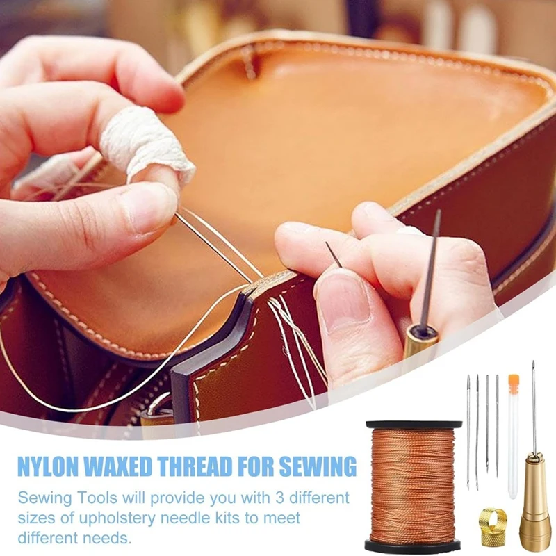 GenericLeather Craft Tool Set Repair Kit,3pcs Canvas Leather Sewing Awl Needles, 50m Nylon Cord Thread and 2 Thimbles-A51M