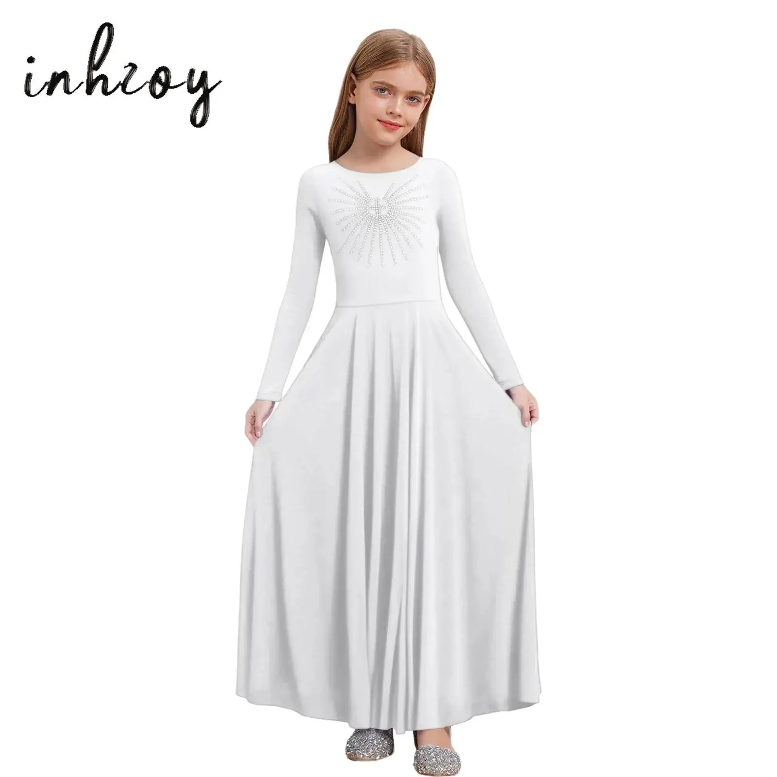 

Kids Girls Liturgical Praise Dance Dress Robe Glittery Rhinestone A-line Maxi Dress for Lyrical Worship Church Choir Performance