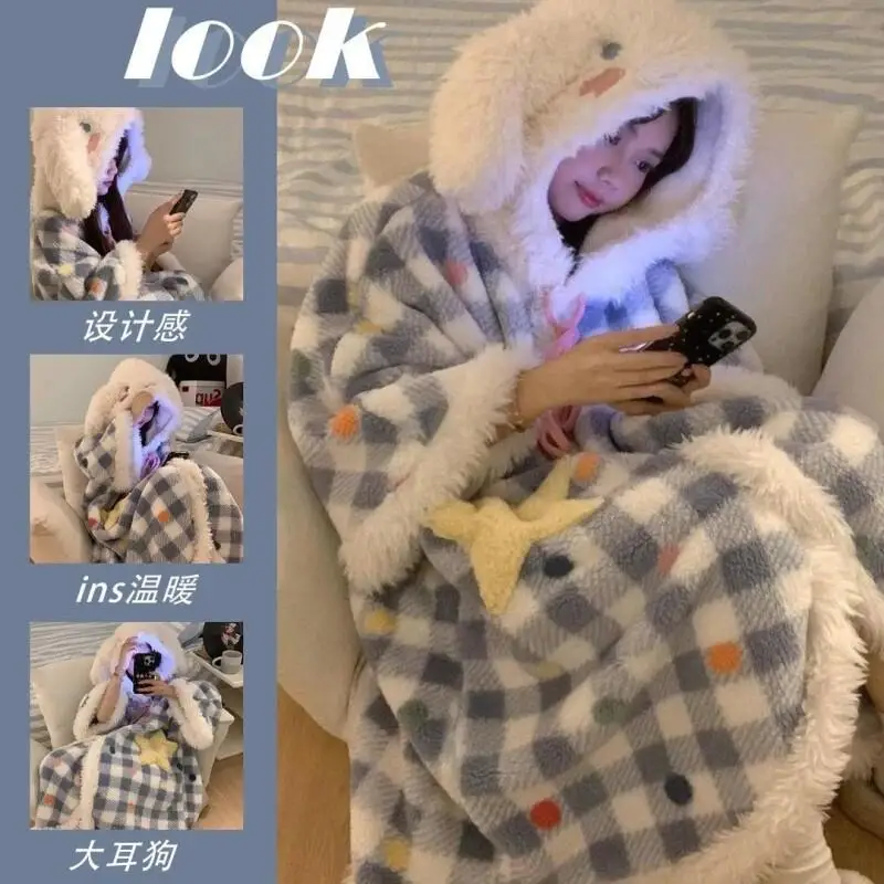 

Пижамный комплект Cinnamoroll, женский халат из кораллового флиса, зимняя фланелевая толстая накидка, теплая домашняя одежда, домашняя одежда, наряд Sanrio Kawaii, ночное белье