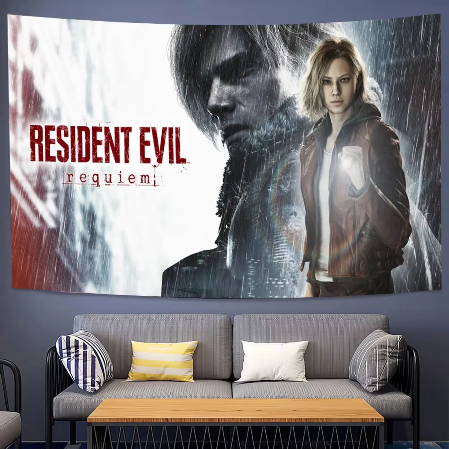 L-Leon K-Kennedy Poster Printed Tapestry R-Resident E-Evil Hippie Style Wall Hanging Home Decor Room Aesthetic Background Cloth