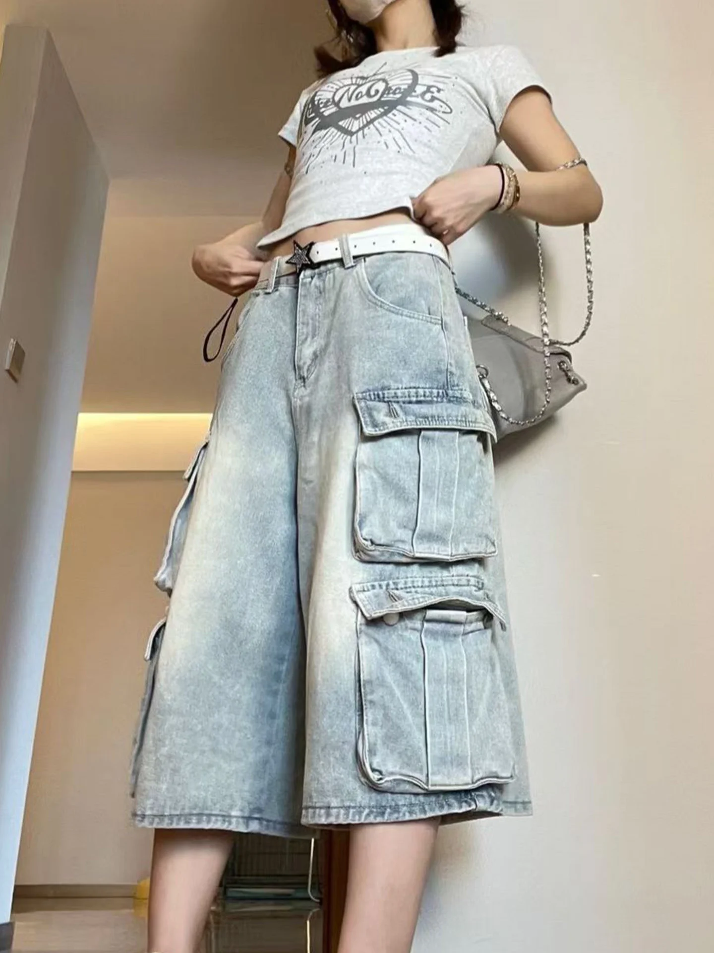 

American High Street Casual Denim Shorts Women's Handsome Neutral Style Loose Seven-Five Pants Wide Leg Pants
