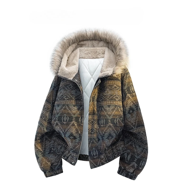 

Vintage Winter Jacket Men Women Fur Collar Chinese Parkas Jacket Thick Warm Jacquard Casual Couple Hooded Coat Clothing Unisex