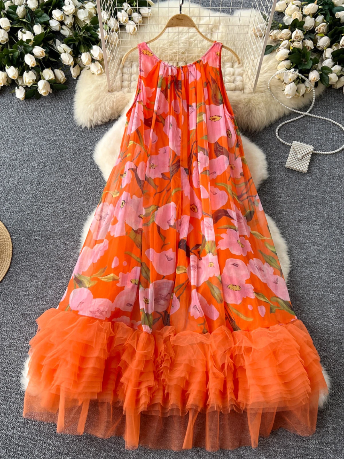 

Vacation Outfits Woman 2025 Fashion Floral Print Sleeveless Patchwork Mesh Robe Women Evening Dress Dress Party Night Ball Gowns