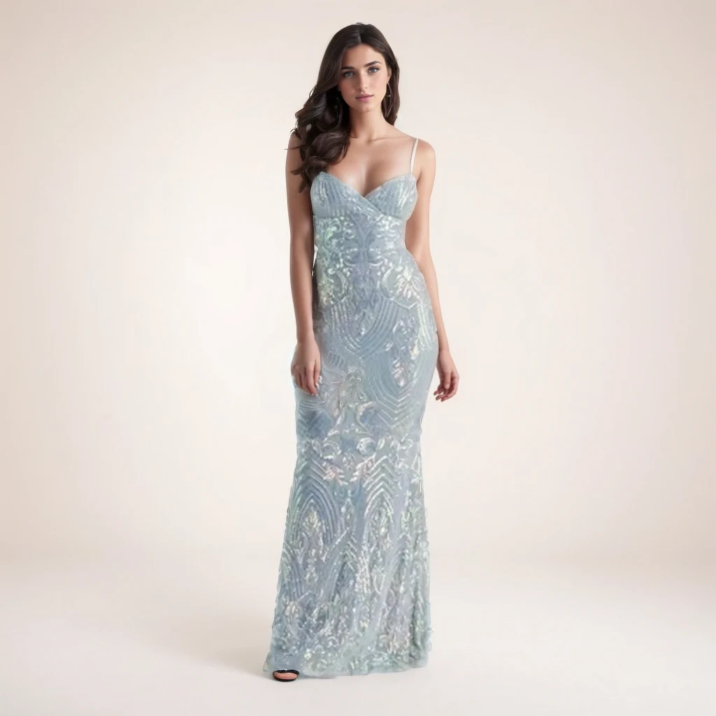 

Sexy V-neck Spaghetti Straps Backless Sequined Mermaid Long Formal Evening Dress Blue