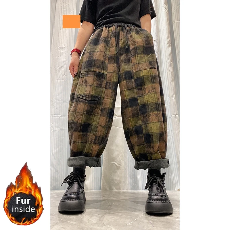Masss Wasss Winter Womens Fashion Plaid Fur Jeans Loose Vintage Thicken Denim Pants Ladies Leisure Classic Warm Harem Trousers