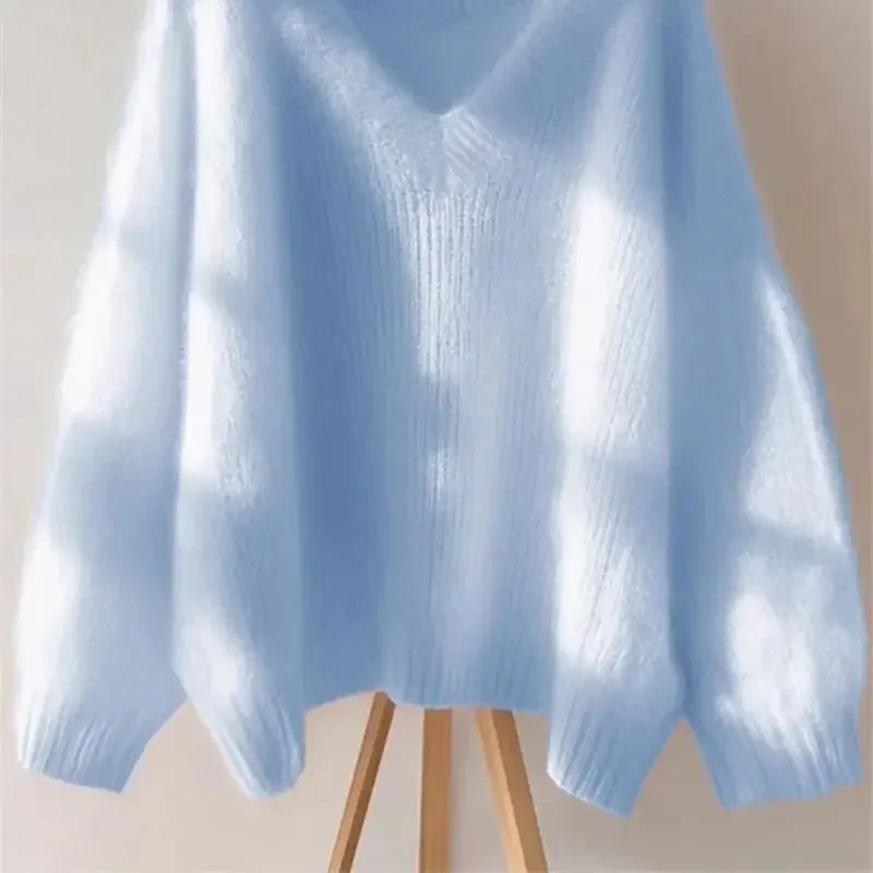 高品質カジュアルニットプルオーバー女性秋冬ルーズ V ネックウールニットセーター女性韓国モヘアニット