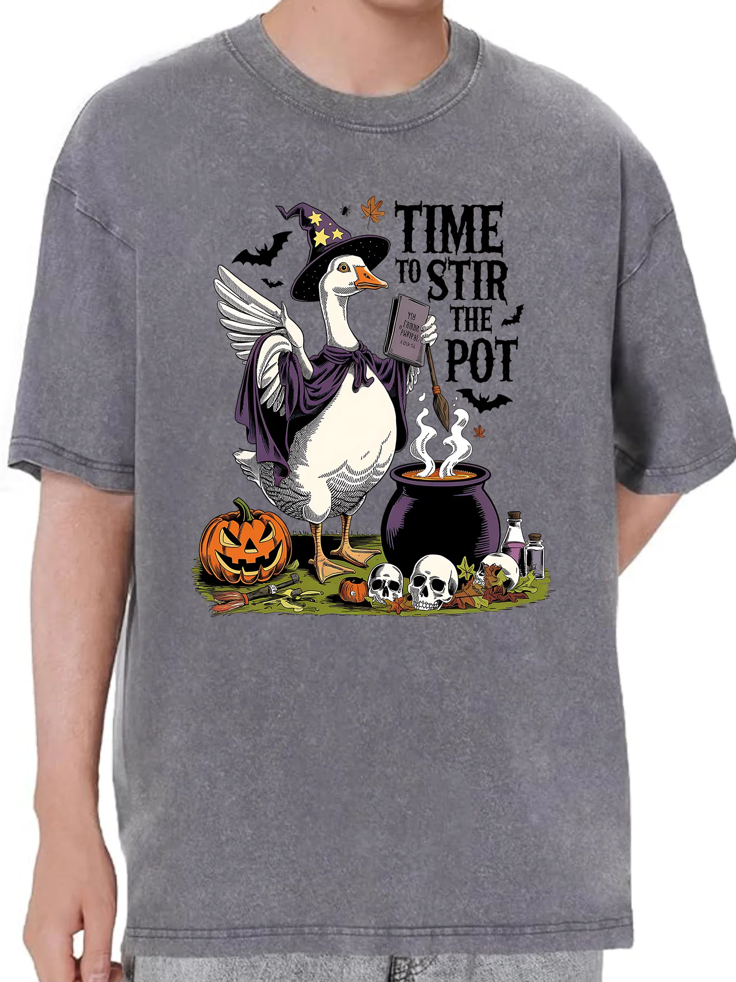 تي شيرت برسومات مغسولة كبيرة الحجم من Wizard Duck، تي شيرت قطن 100% للرجال، ملابس هيب هوب كلاسيكية فضفاضة تناسب