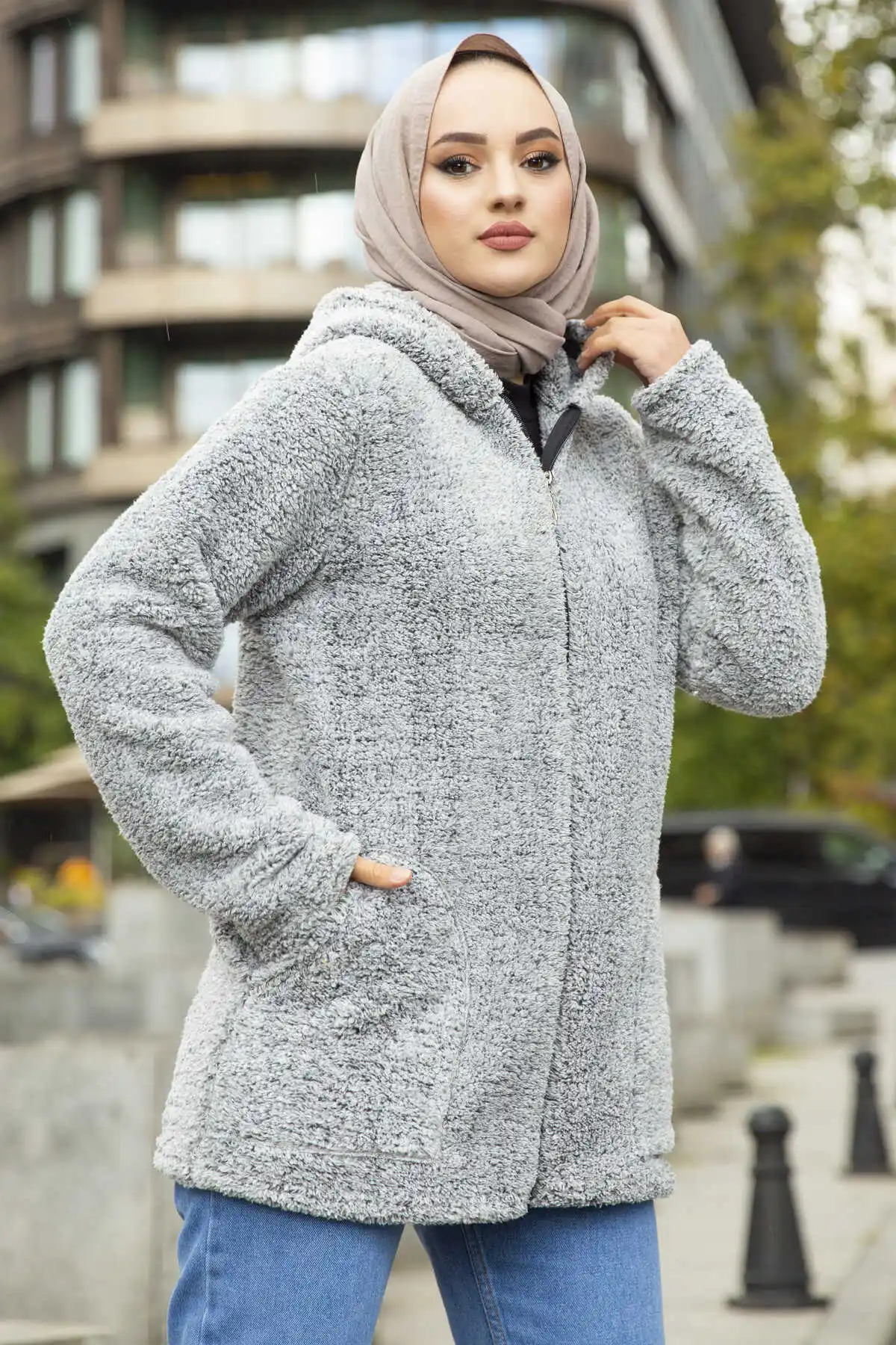 Zipper Detail Hijab Fleece Cardigan Gray