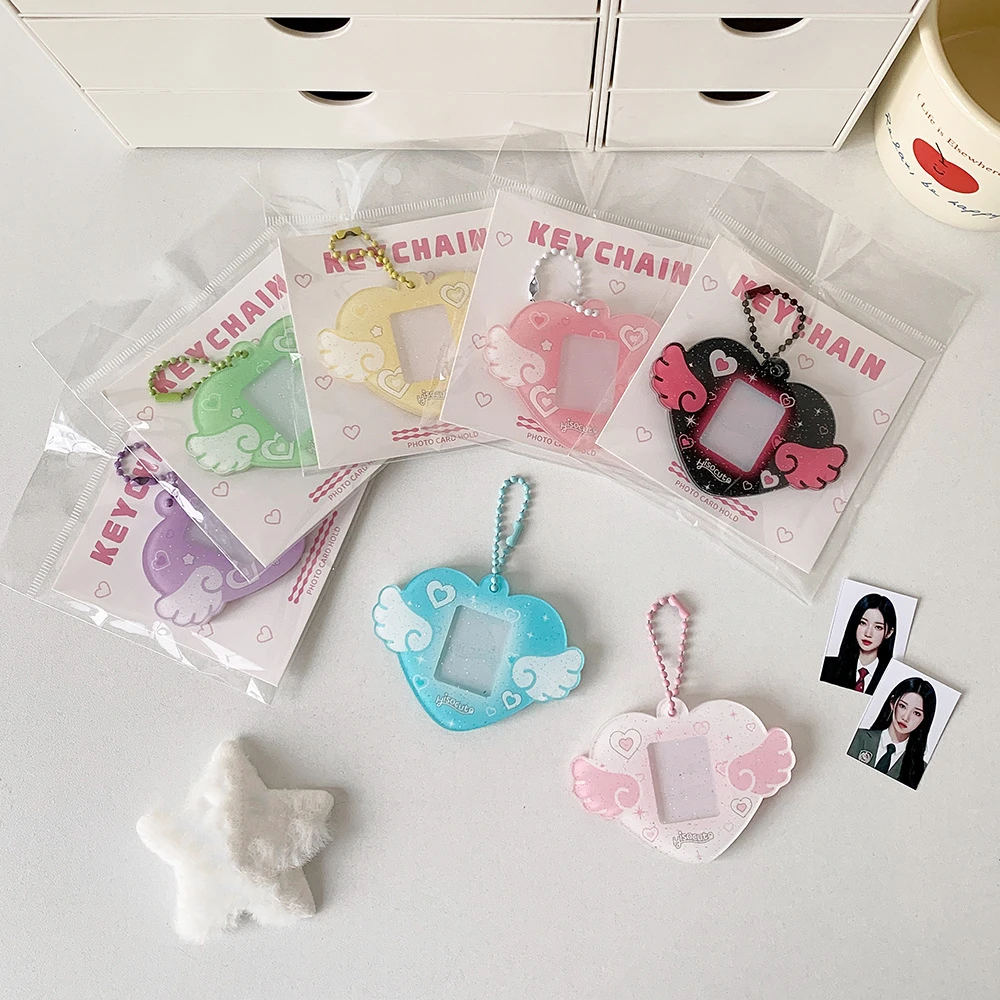 With Keychain Mini Photocard Holder Acrylic Card Cover Hanging Decoration Idol Card Display Protector Love Heart Wing Pendant