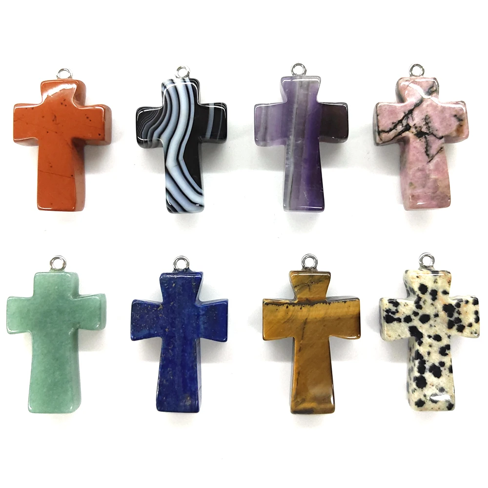 

36mm Cross Shape Natural Stone Healing Crystal Amethyst Tiger Eye Gems for Charm Jewelry Making DIY Pendant Necklace Accessories