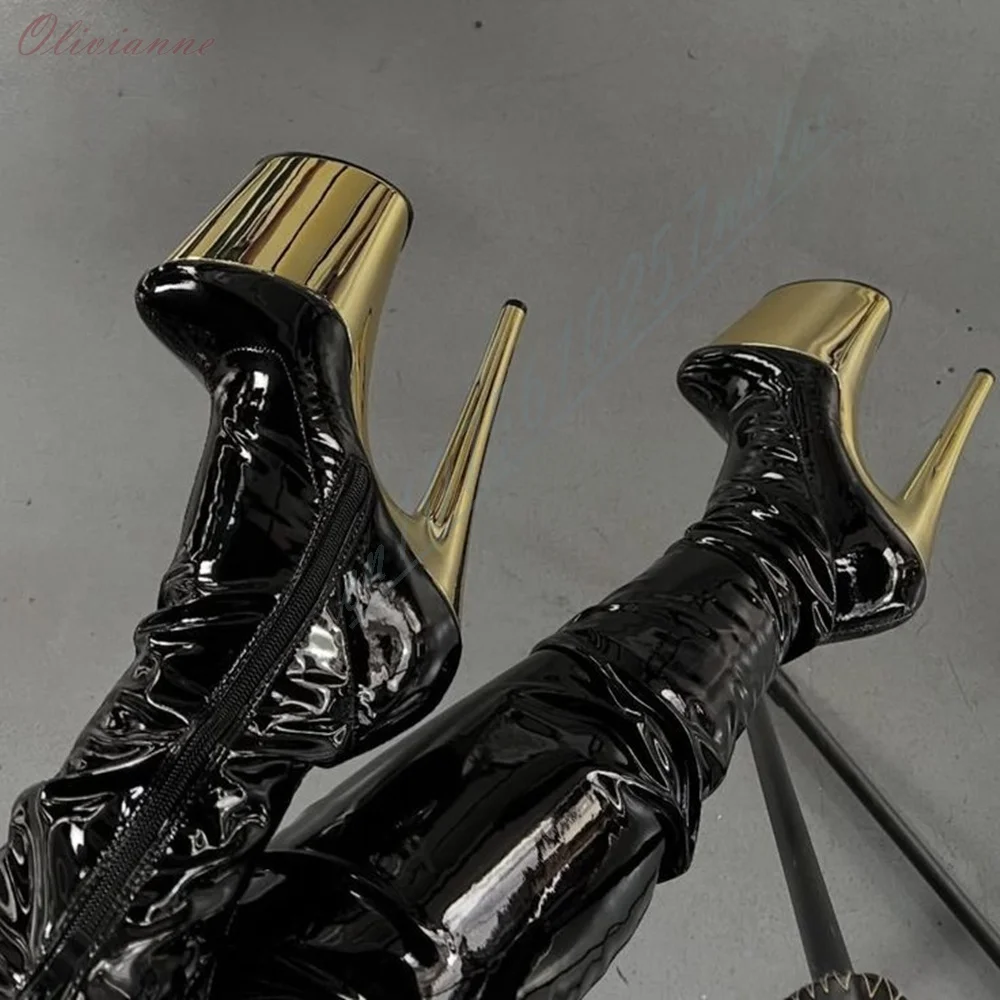 Lady Glossy Black Ruched Thigh High Boots Gold Platform Super High Stiletto Side Zipper Stage Performance Nightclub Footwear