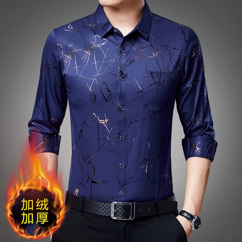 Men's Fleece-Lined Thick Shirt - Fashion Gold Line Print, Slim Fit, Warm and Casual Long Sleeve Shirt for Winter