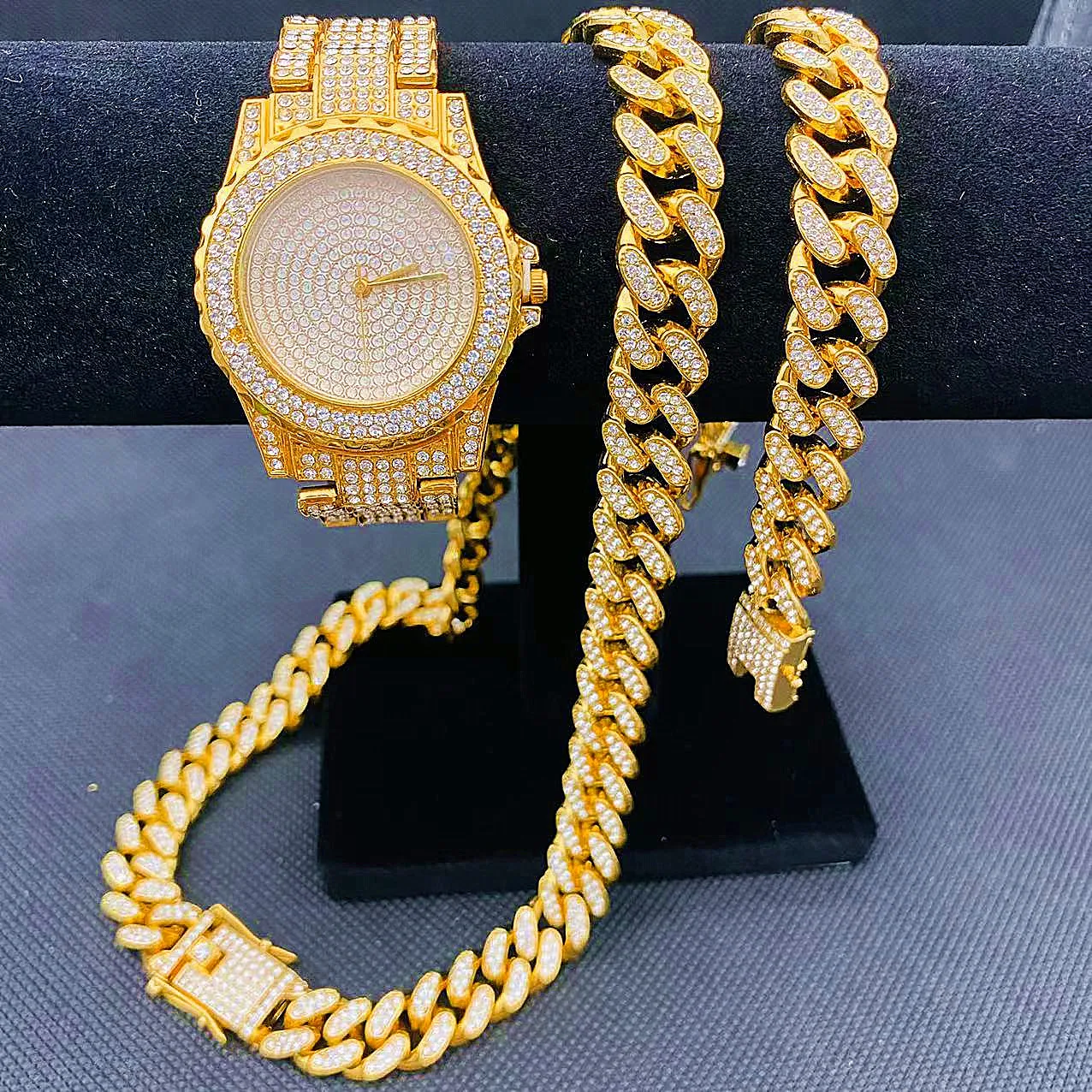 

3PCS Mens Women Jewelry Set Iced Out Watch Necklace Bracelet Bling Bling Diamond Miama Cuban Link Chain Choker Jewelry for Man