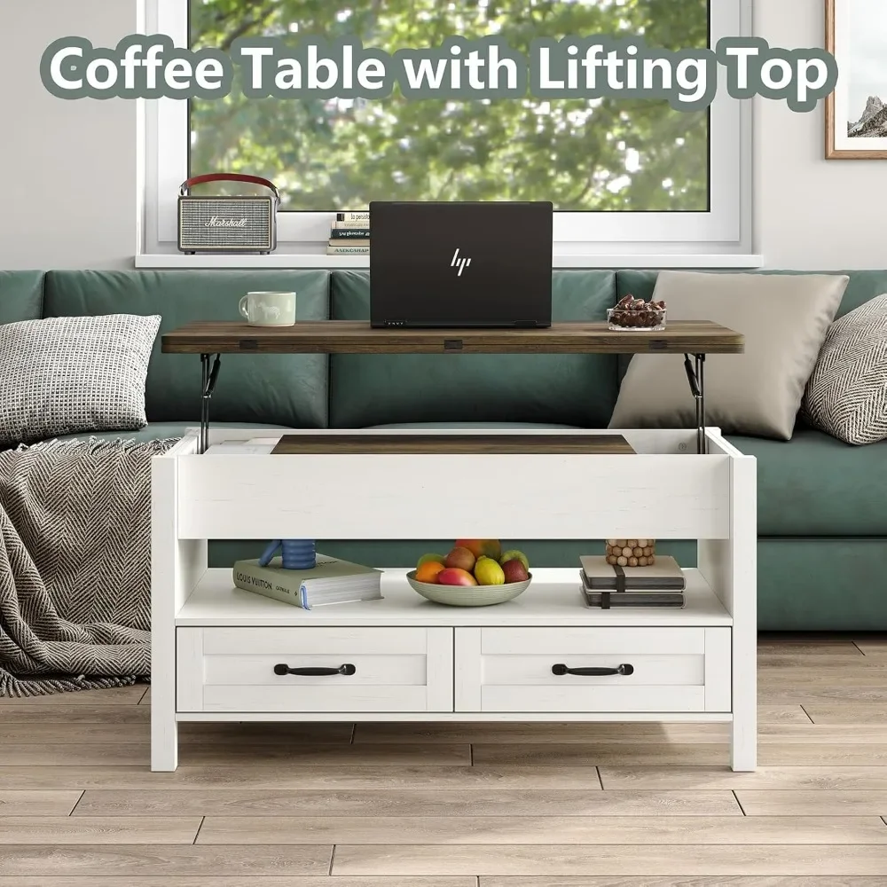 Coffee Table with 2 Storage Drawers and Open Storage Shelf, Retro Multi-Function Lift Top Coffee Table