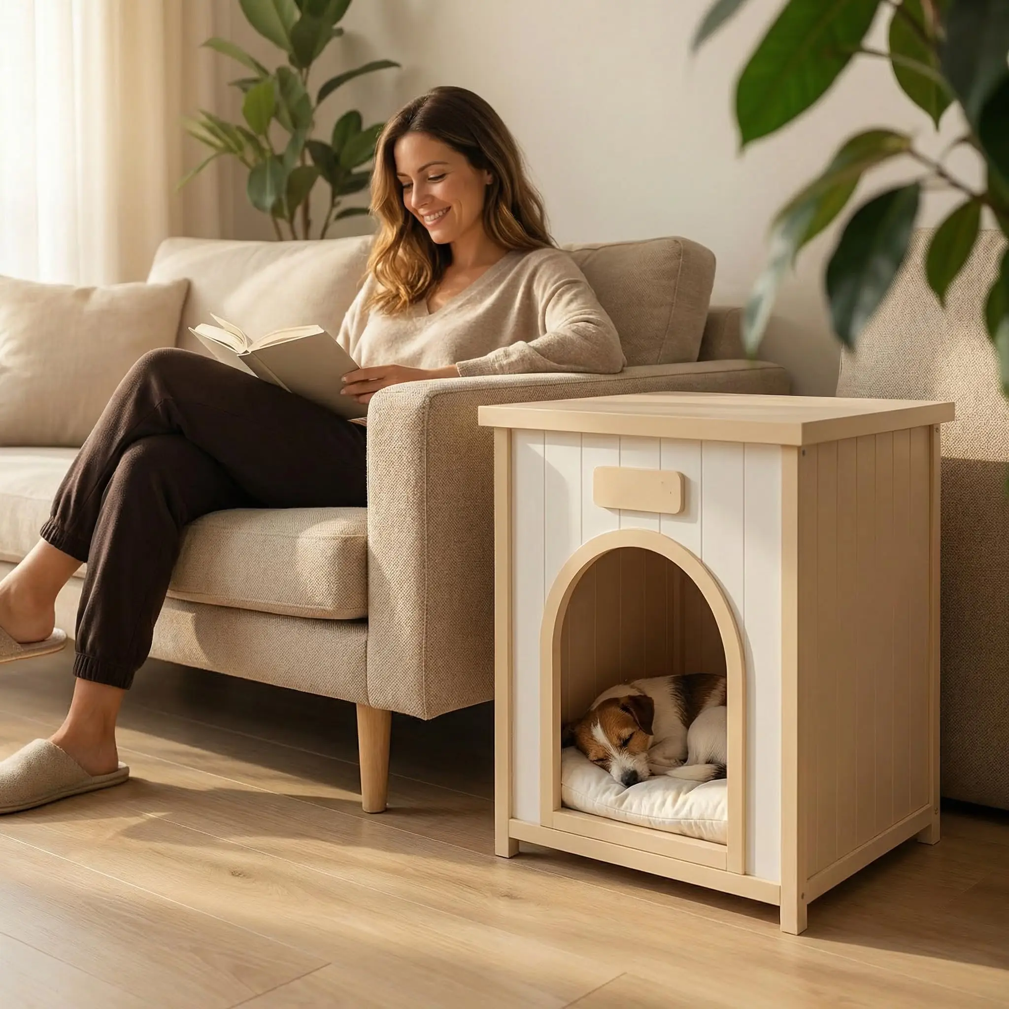 Modern Indoor Wooden Dog House with Removable Cushion – Solid Cedar Pet House for Small Dogs & Cats, Furniture-Grade