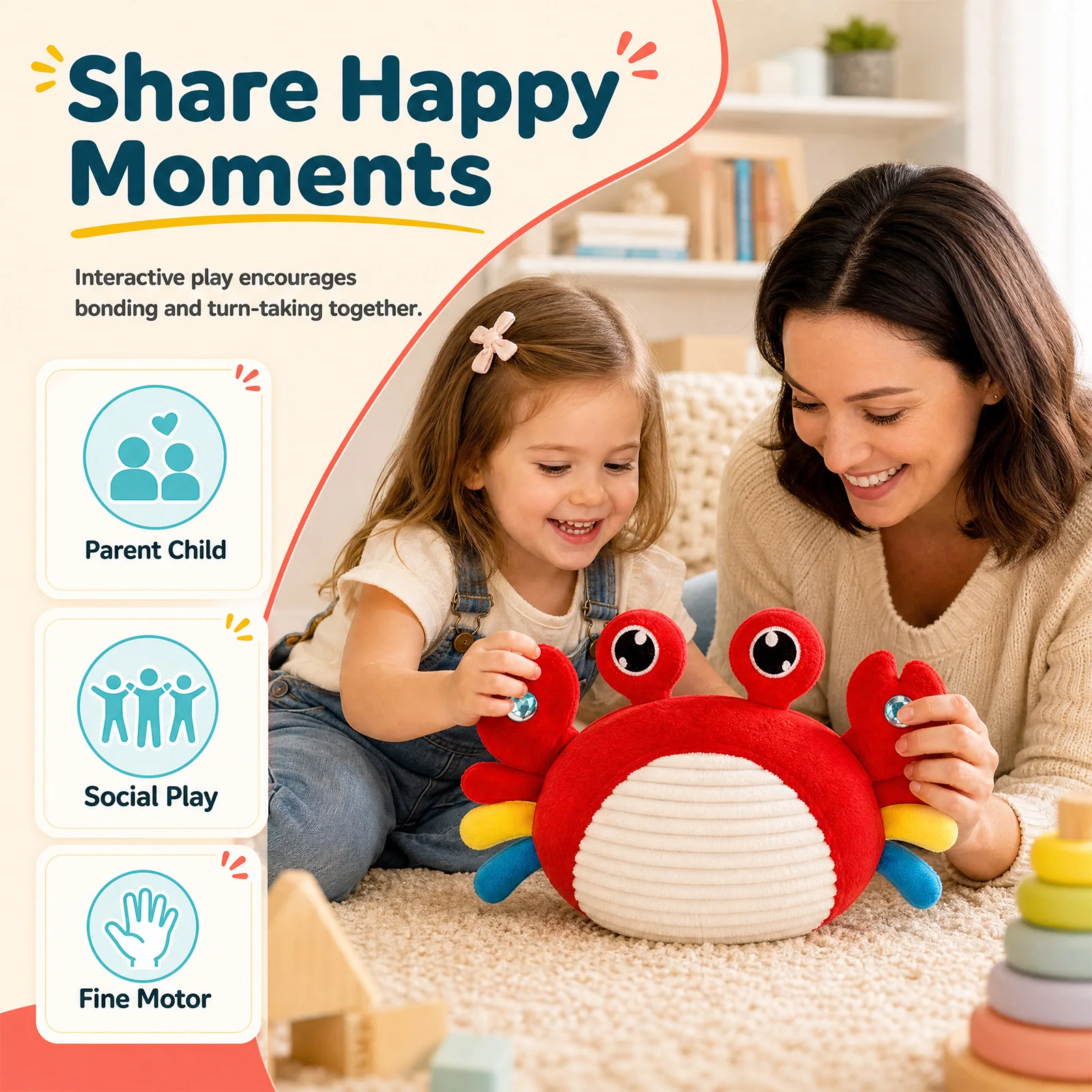 Soft Crab Plush Stuffed Toy Touch Sensor Musical Dual Player Mode Built-In Songs Battery Powered Novelty Ocean Gift