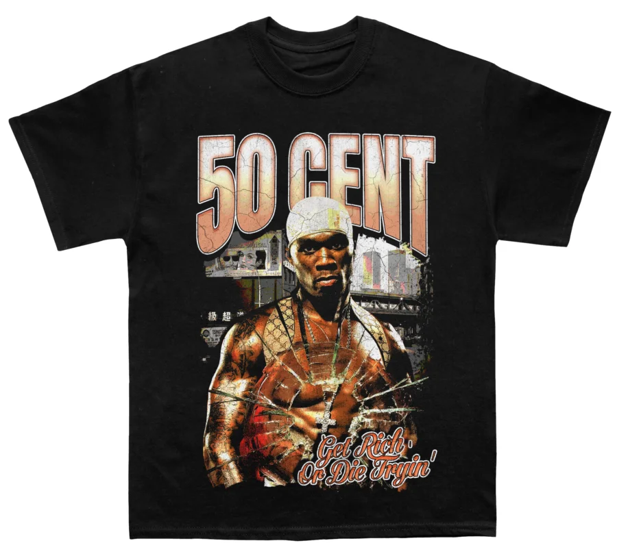 Camiseta de algodón negra para hombre de 50 Cent, ropa de calle vintage, estilo Hip Hop Retro