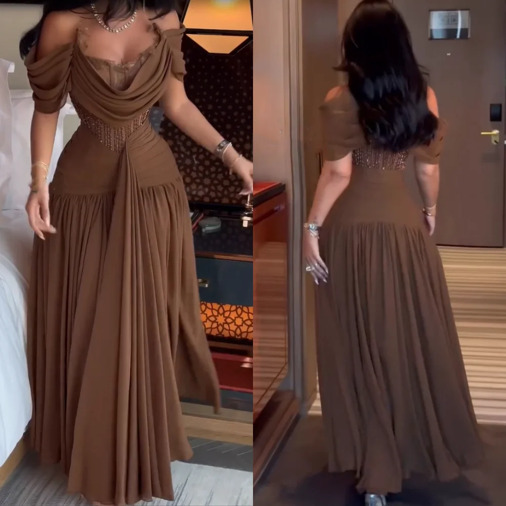 

Customized Sizes Available Chiffon Pleat Sequined A-line Off-the-shoulder Long Dresses Bespoke Occasion High Quality