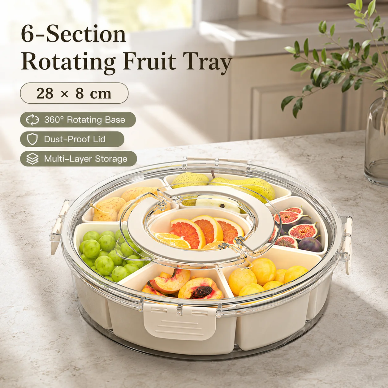 Rotating Snack Tray With Lid 6 Compartments Divided Fruit Platter Lazy Susan Candy Storage Box Container For Living Room Party