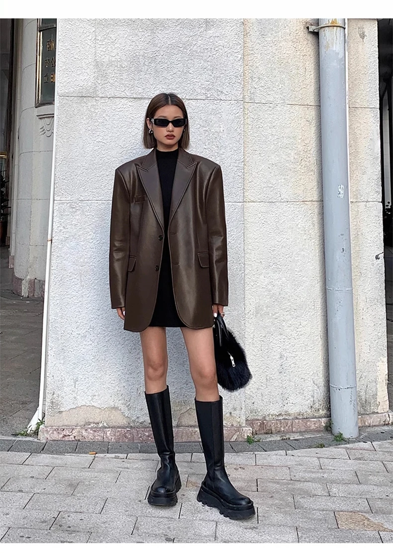 Lautaro Autumn Black Brown Soft  Pu Leather Blazer Women Shoulder Pads Long Sleeve Single Breasted Loose Casual Korean Fashion