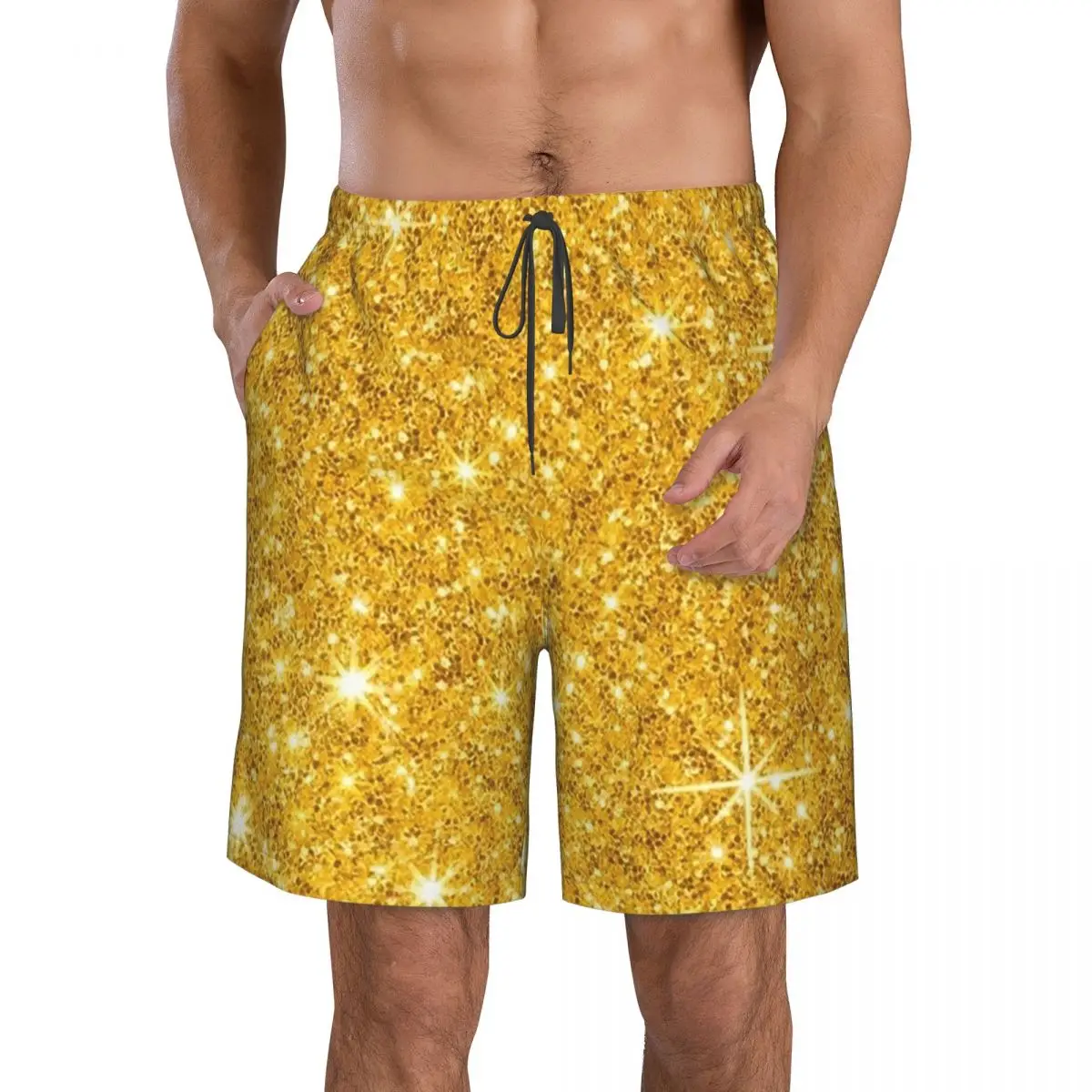 Блестящие золотые плавки, пляжные шорты, повседневные быстросохнущие летние мужские брюки для плавания