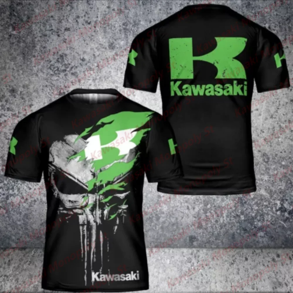 New Summer Men Kawasaki Racing Green Logo Skull Print Short Sleeve Black Retro Motorcycle T-Shirt Kid/Adult Training Riding Top