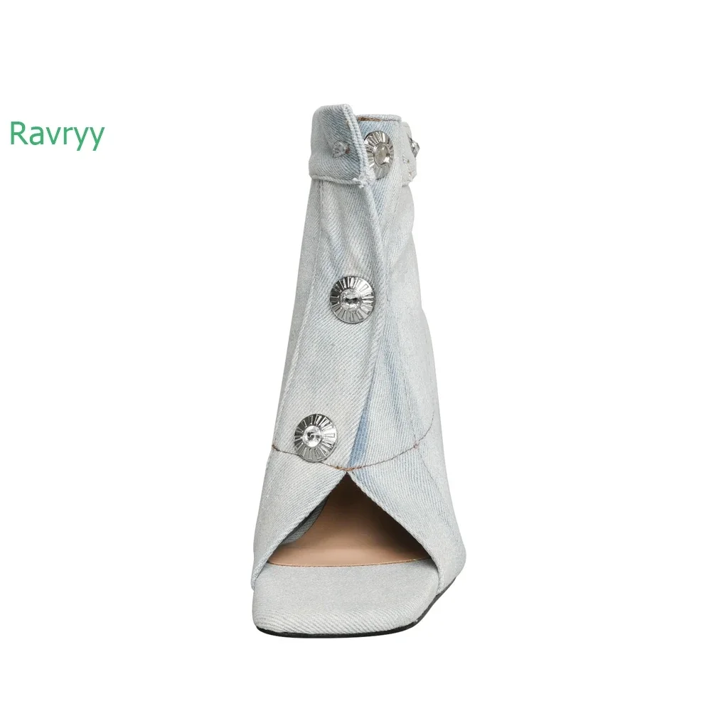 2025 جديد الدنيم ساحة تو النساء حذاء من الجلد برشام مشبك المفتوحة تو كعب رقيقة أحذية بوت قصيرة موضة رواية الصيف الصنادل الأحذية #5