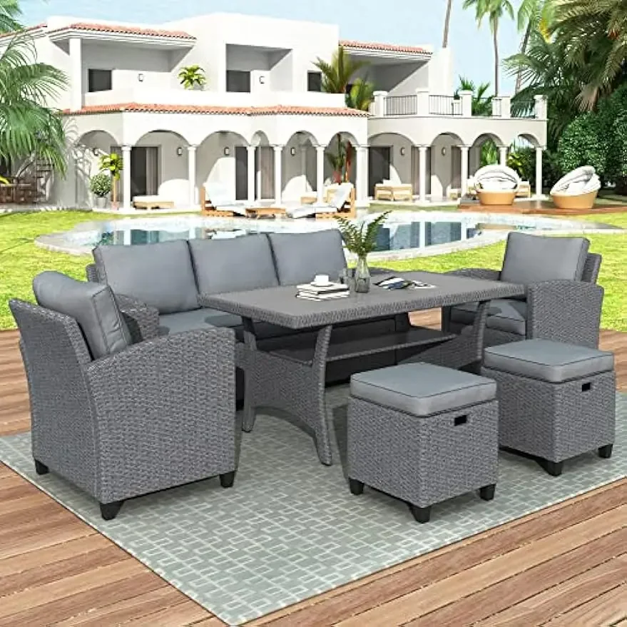 

BIADNBZ 6 Piece Outdoor Patio Furniture Wicker Conversation Set with Tea Table, Chair, Stools for Porch Deck, Gray Rattan+Gray C