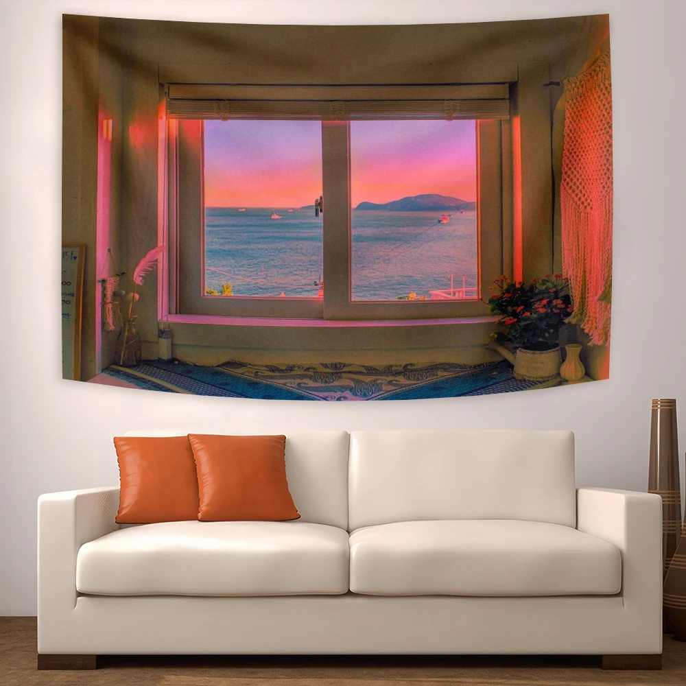 Ins tapeçaria pôr do sol janela pendurado parede cenário fundo para sala quarto cabeceira dormitório decorações rosa lua tapeçarias