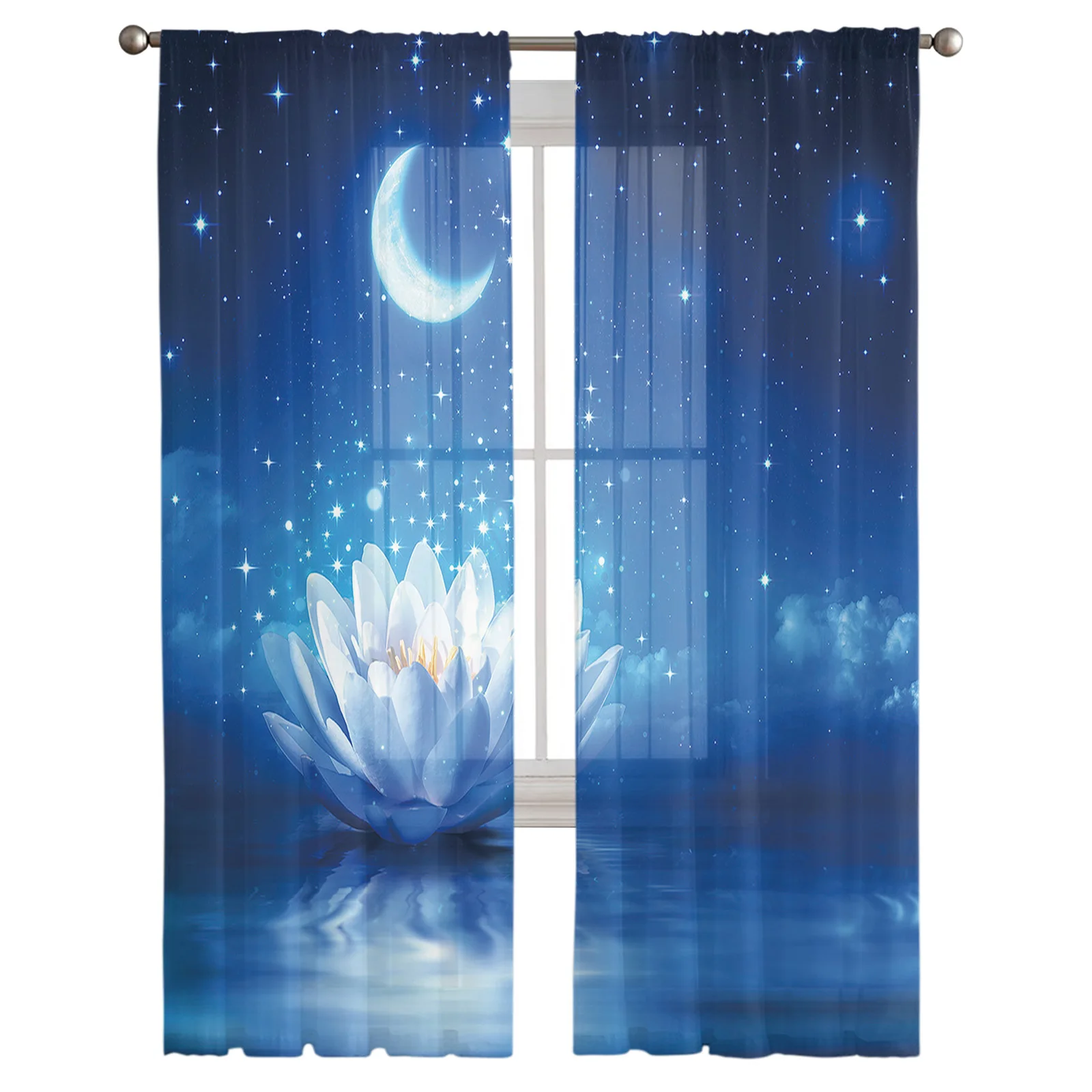 

Blue Moonlight Floating on The Water Lotus Stars Sheer Curtains for Living Room Bedroom Window Treatment Kitchen Chiffon Curtain