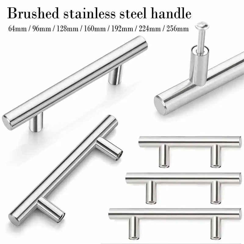 Furniture Handles Wardrobe Door Pull Stainless Steel Drawer Handle T Bar Straight Kitchen Long Cabinet Closet Knob Silver