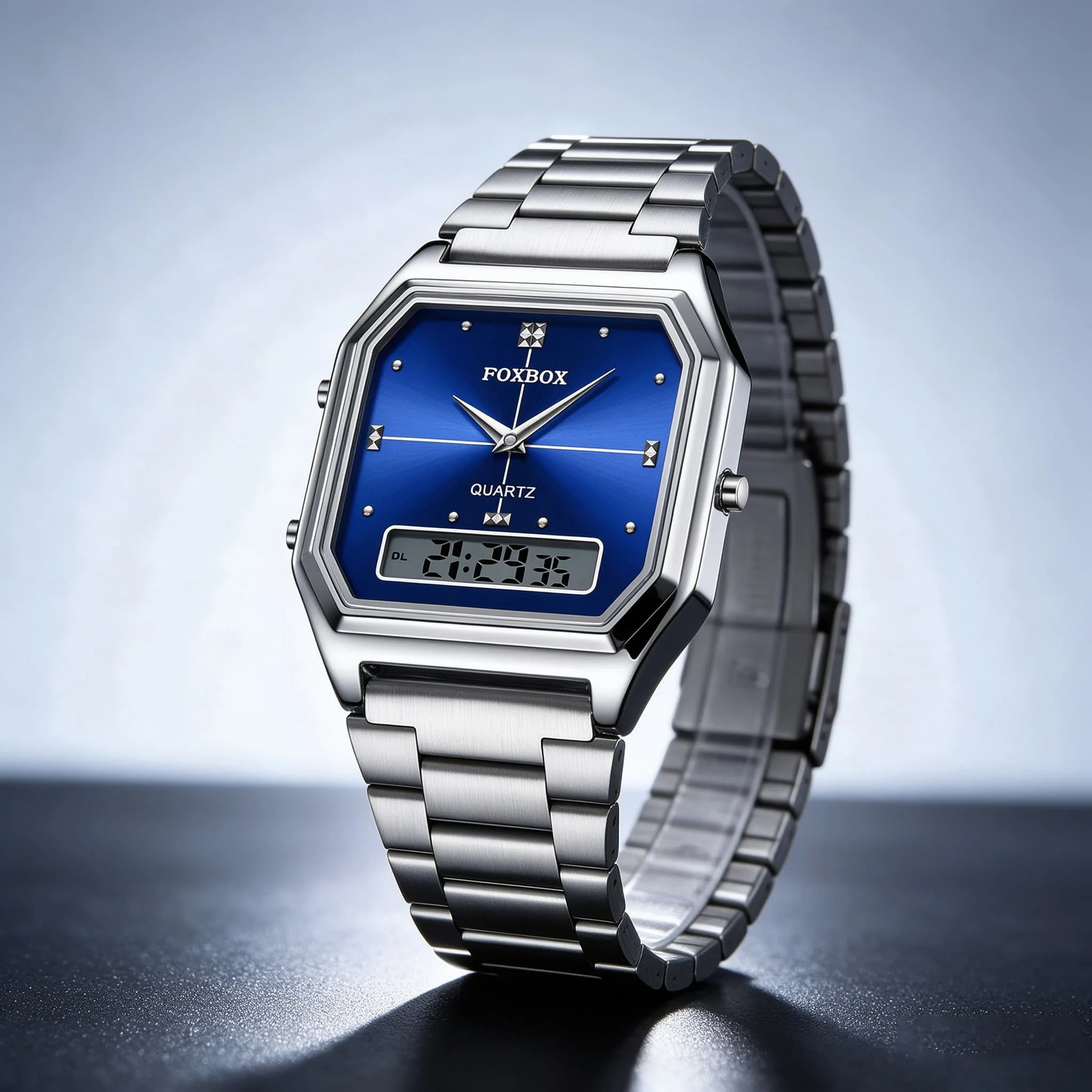 FOXBOX Top Brand Luxury Stainless Steel Chrono 3 Time Display Digital Wristwatches For Men Women 3bar Waterproof Reloj Hombre