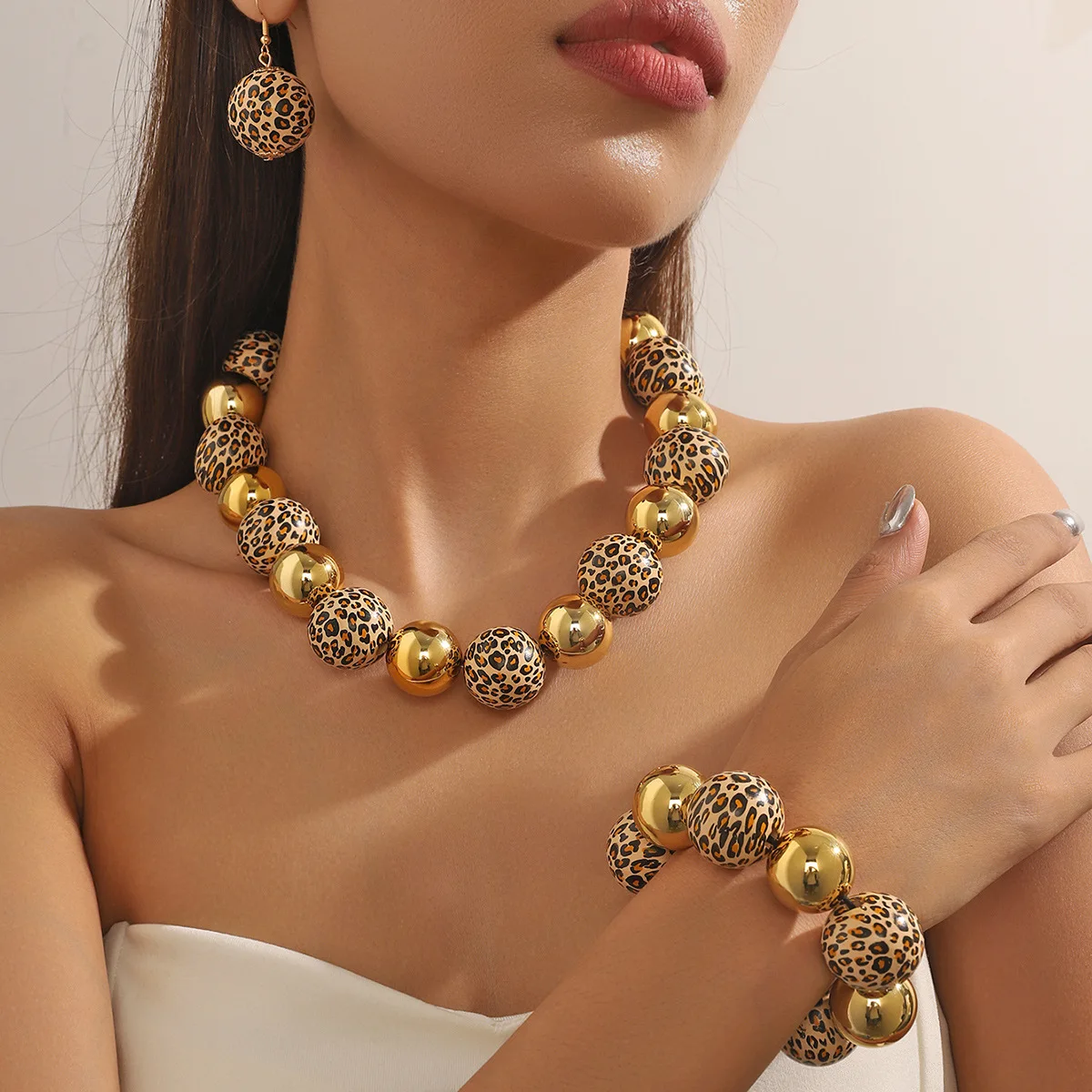 

4PCS Fashion Leopard Jewelry Set for Women Personalized Beads Necklace Bracelet Earring Female Valentine's Day Gift