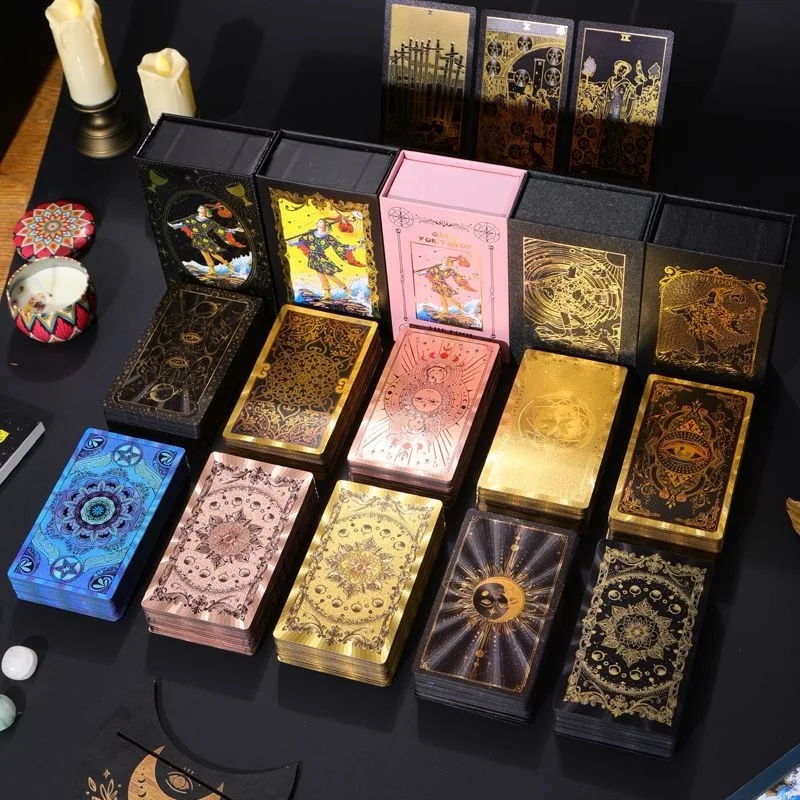 hot-full-set-80pcs-gold-classic-waite-tarot-gold-foil-waterproof-luxury-collection-deck-box-explore-mysterious-world