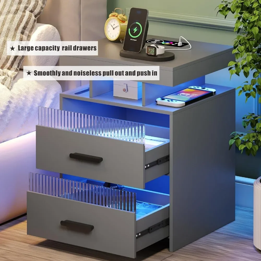 Bedside-End-Table-Smart RGB Nightstand with USB/Type-C/Wireless Charging Station and Human Sensor LED Lights