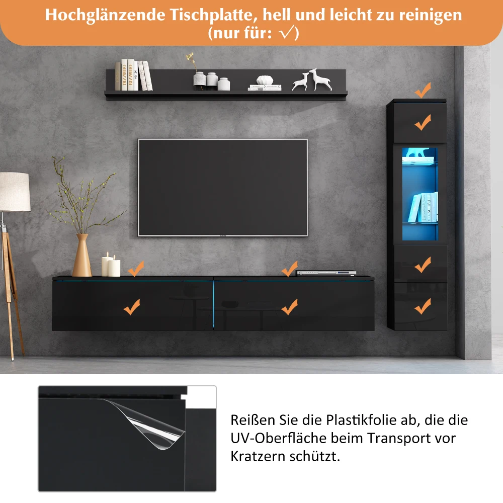 3-teiliges TV-Wohnzimmer-Wandset mit LED-Beleuchtung, Hochglanz-Möbelset, TV-Schrank, Vitrine und Hängeregal, für Fernseher bis zu 80 Zoll – Detail 15