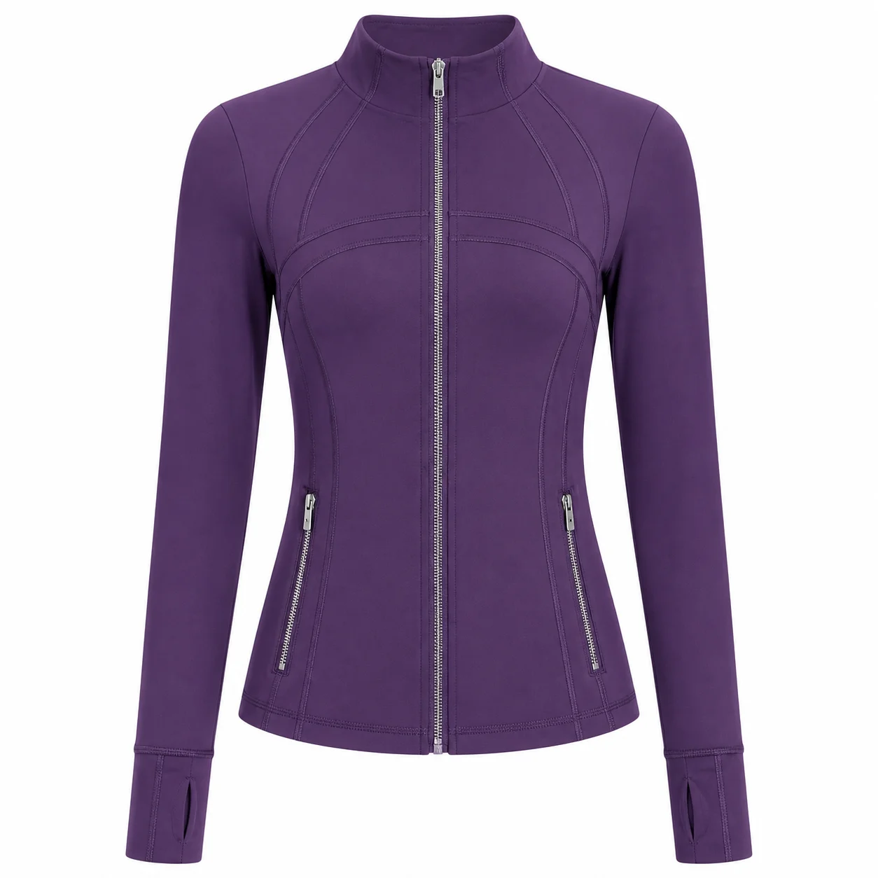 Women's Purple Slim Fit Full Zip Sports Jacket Stand Collar Long Sleeve Running Yoga Workout Outerwear Style P031