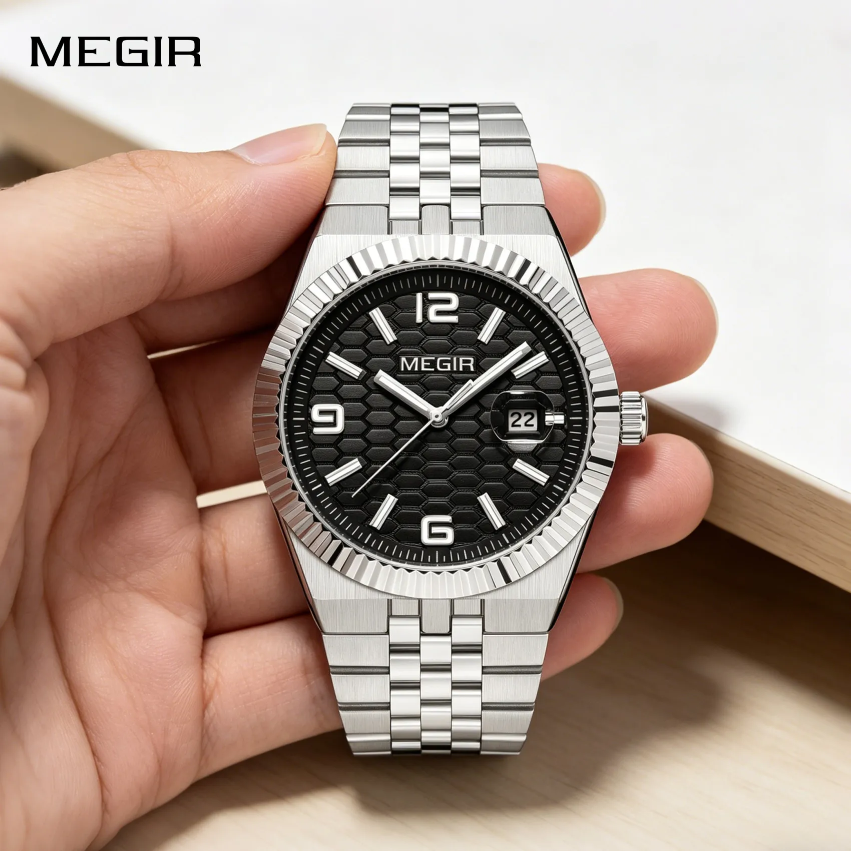 MEGIR Luxury Men Sport Quartz Watch Waterproof 40mm Dial Casual Business Wristwatch with Calendar Stainless Steel Strap Reloj