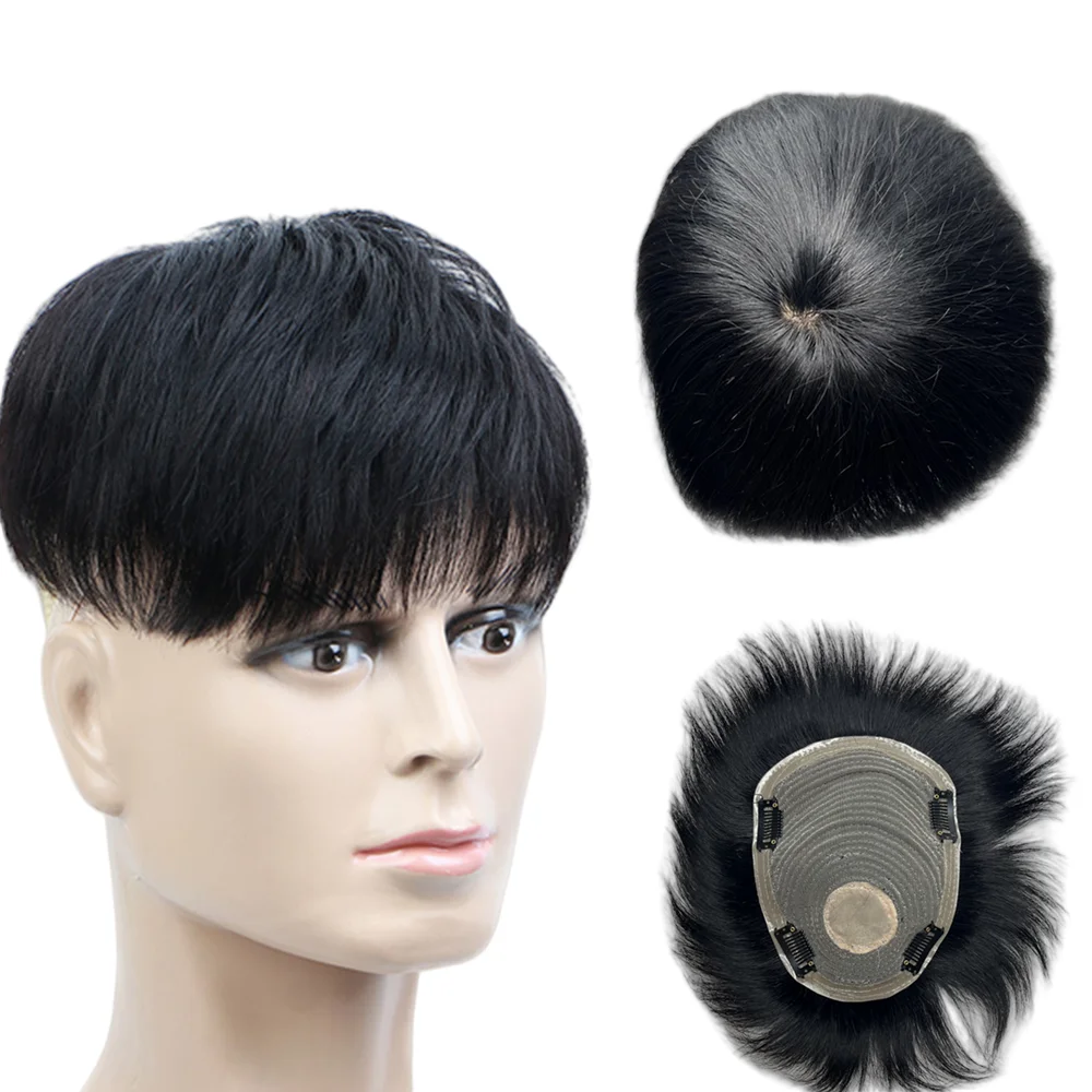 男性用かつら、ヘア交換システム、人工毛かつら、厚い人毛男性用かつら、PU付き、男性用薄毛隠し