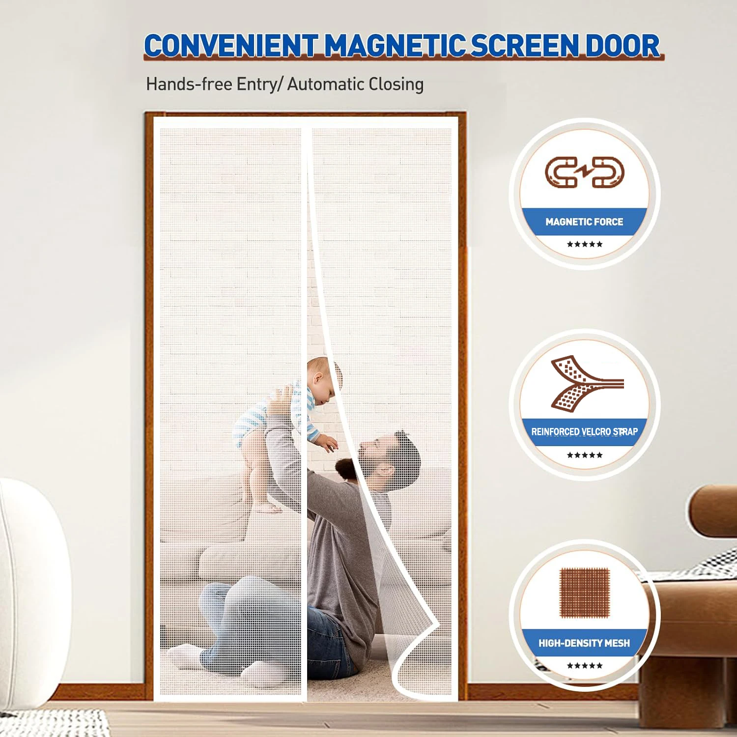 Self-Sealing Magnetic Screen Door Heavy Duty Insect Proof Mesh Curtain Hands-Free Pet Child Safe White