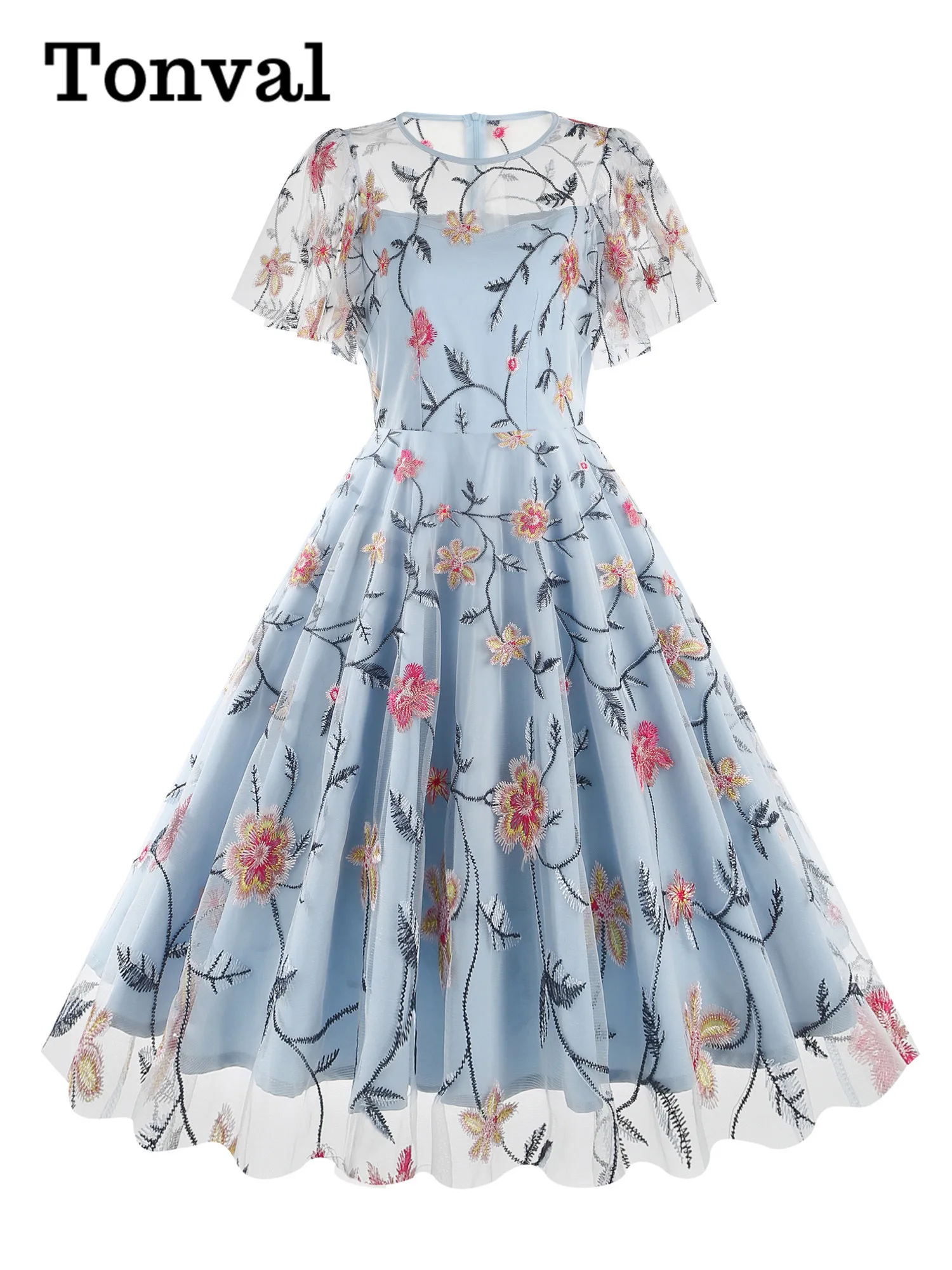 Tonval Turquoise Elegant Evening Birthday Long Dresses for Women Luxury Floral Embroidered Mesh Flare Sleeve Vintage Dress