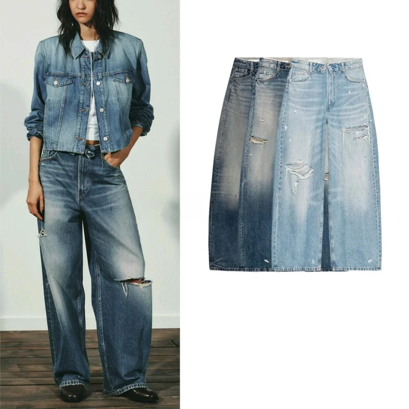 

Fall New Women's Loose Jeans Bell Bottoms Decorative Hole Natural Waist High Waist Denim Pants Polyester Fiber Zipper Closure