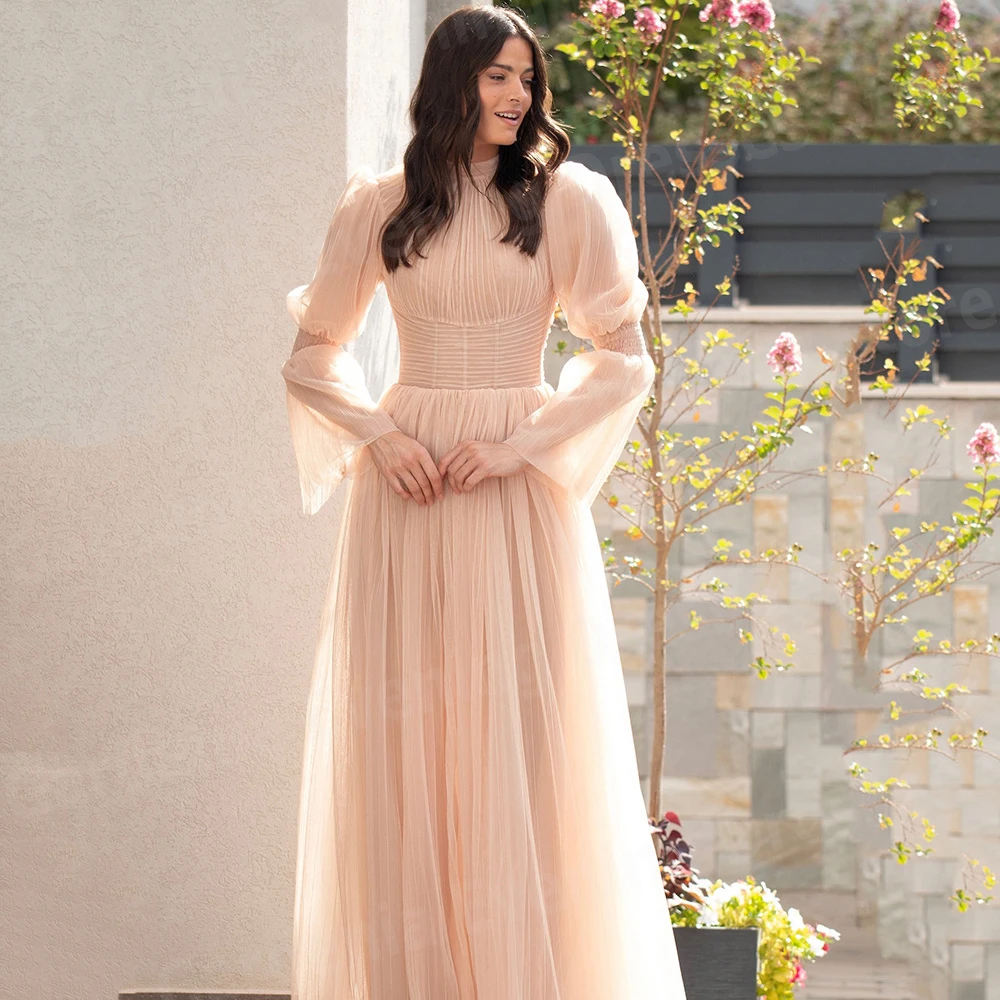 Simple A Line Women's Evening Dresses High Neck Long Sleeved Prom Gowns Customized Vestidos De Fiesta Princess Robe De Soirée