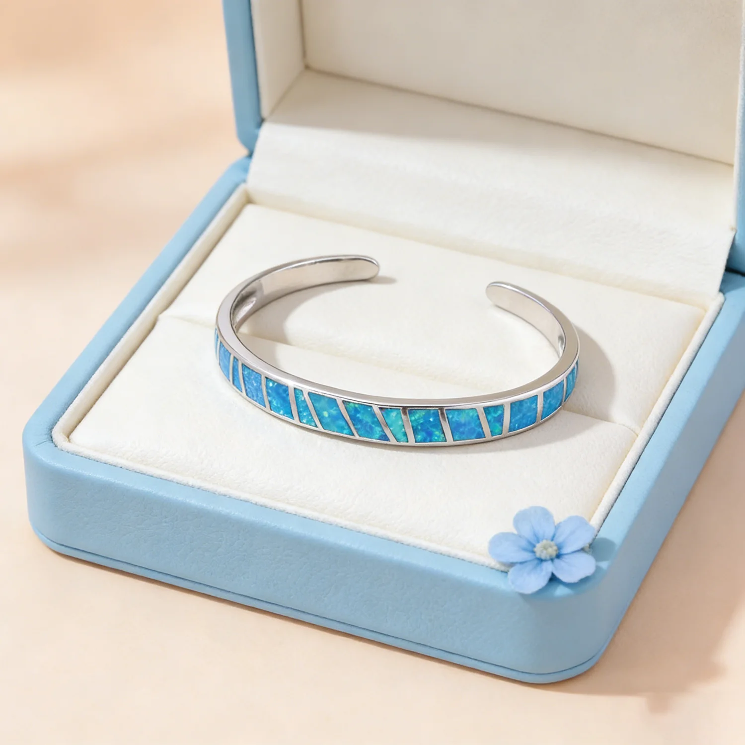 Dazzling Blue Opal Bangles  White K Plated High-Quality Jewelry for Women Open Design Suitable for Ideal Couple Anniversary Gift