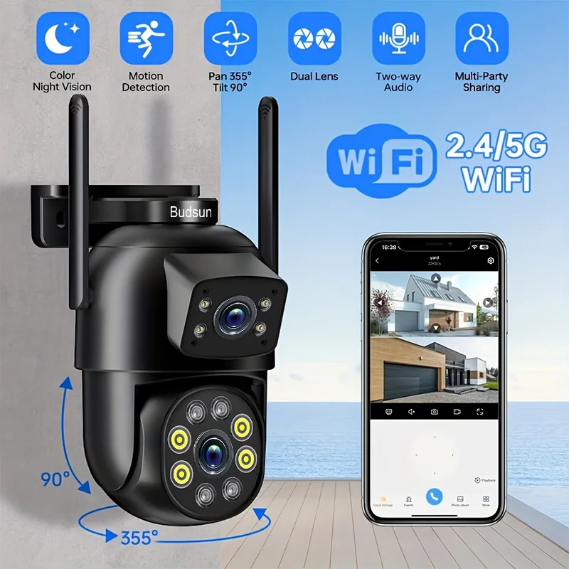 Wireless Smart Outdoor Dual Lens Security Camera, PTZ 355° View Surveillance System, AI Human Detection Camera,